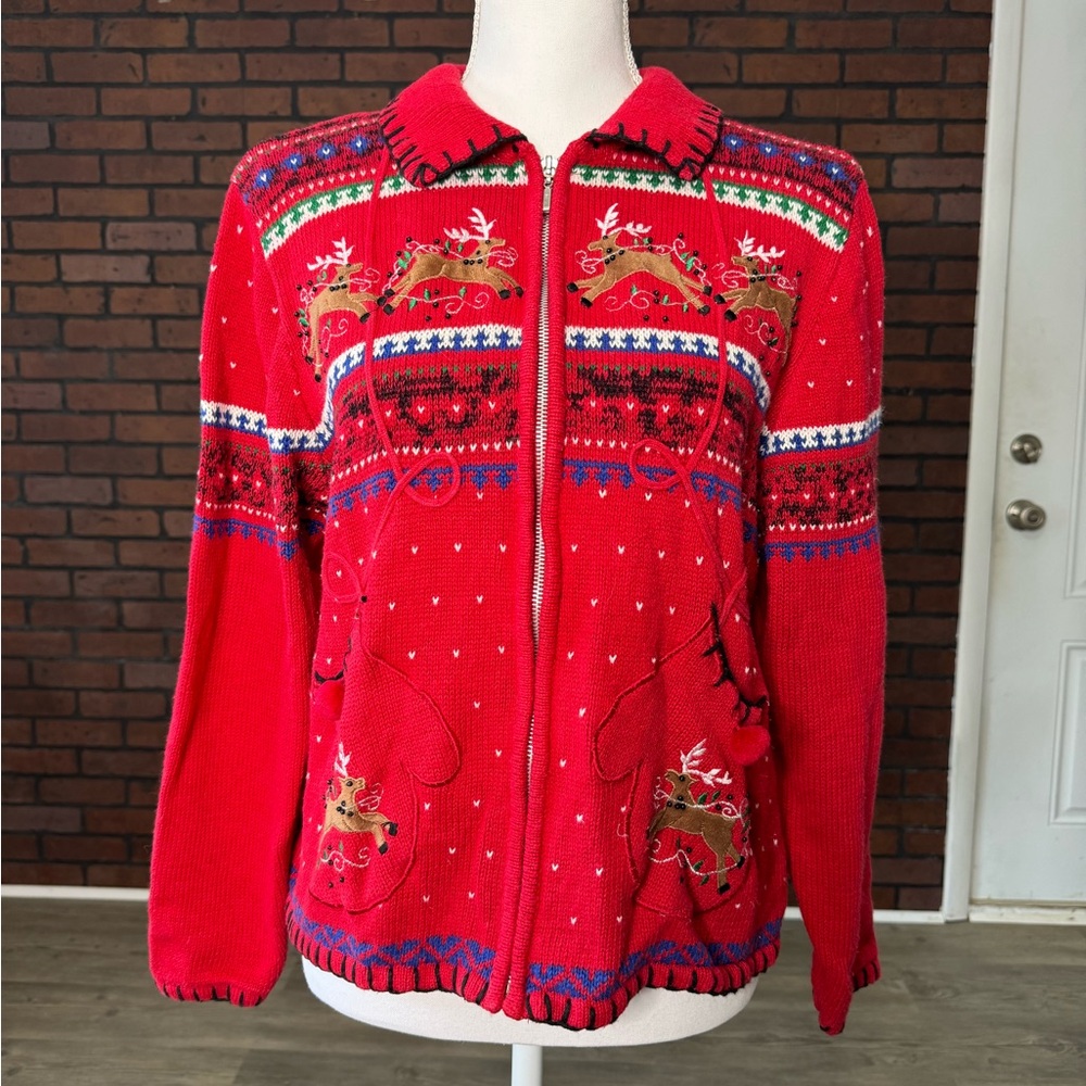 Designers Originals Studio Reindeer Christmas Zip‎ Cardigan P/XL Ramie Cotton